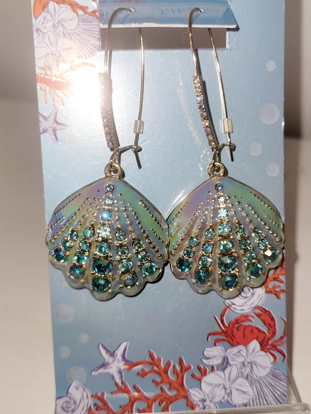 Betsey Johnson Iridescent Green & Aqua Shell Drop Earrings - Picture 2 of 4